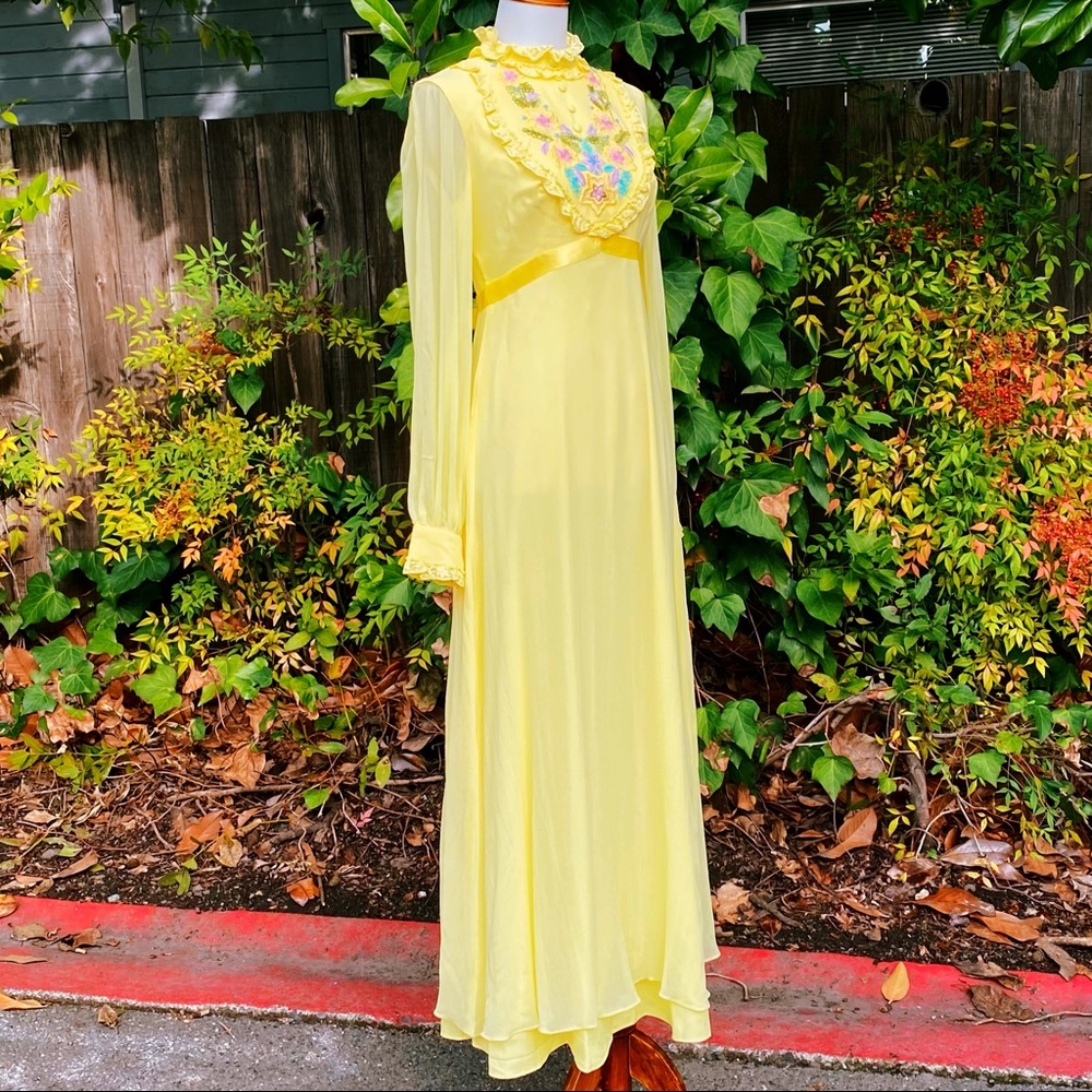 70's Pastel Yellow Embroidered Floral Chiffon Maxi - Picture 2 of 12